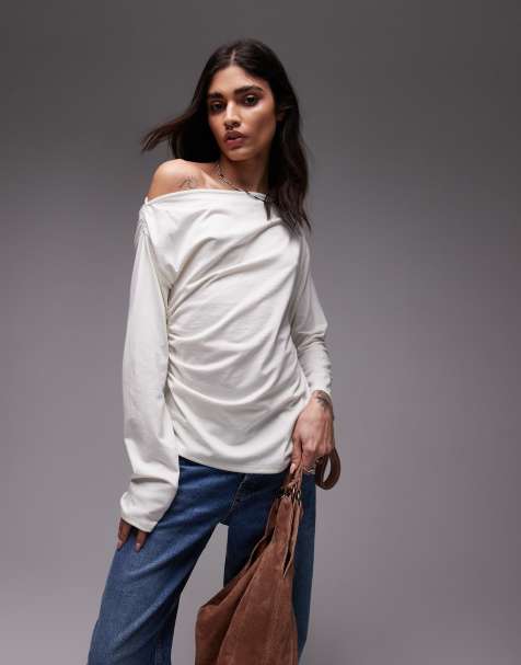 Topshop asymmetrical slash neck long sleeve top in off white - view 1
