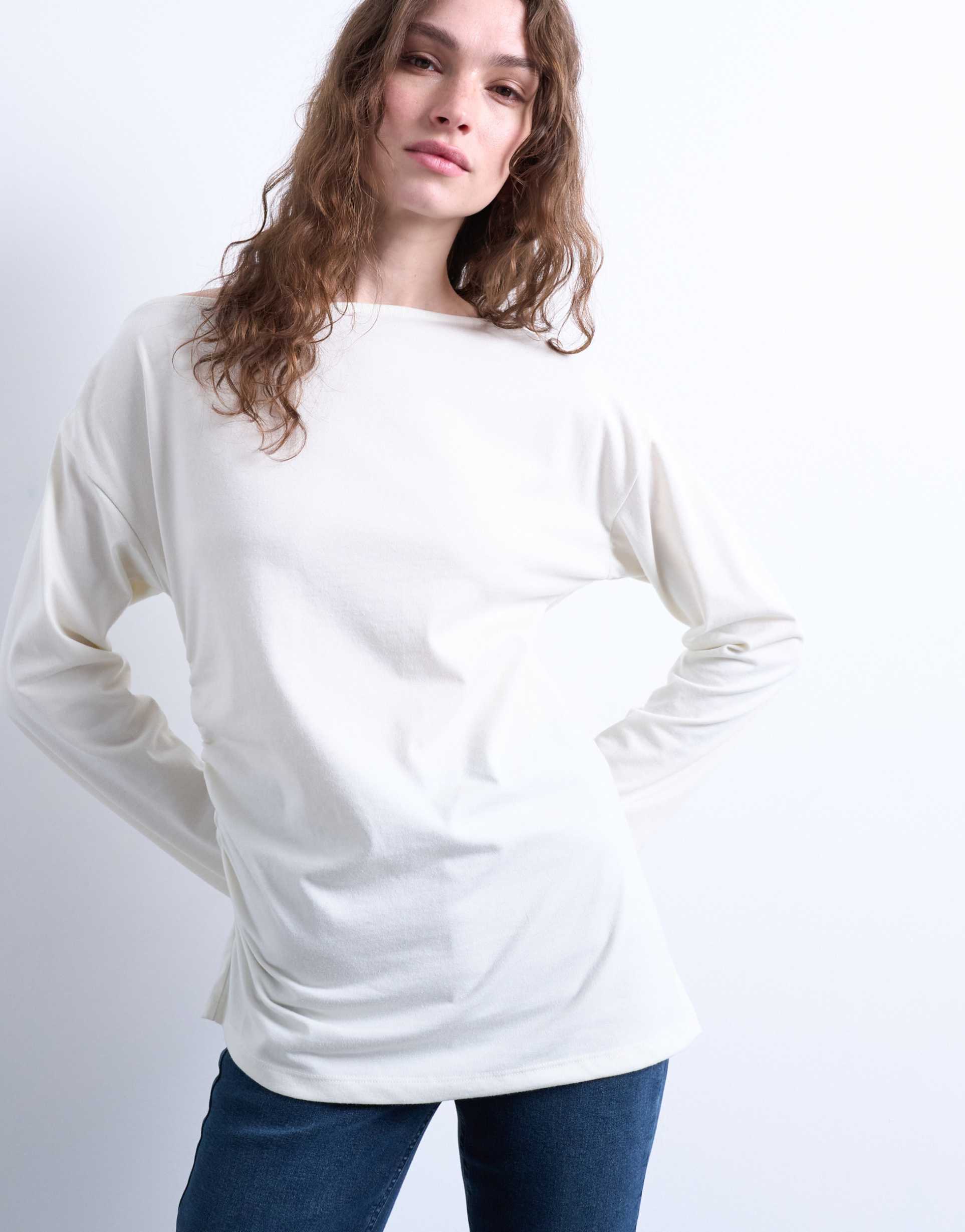 topshop asymmetrical slash neck long sleeve top in off white