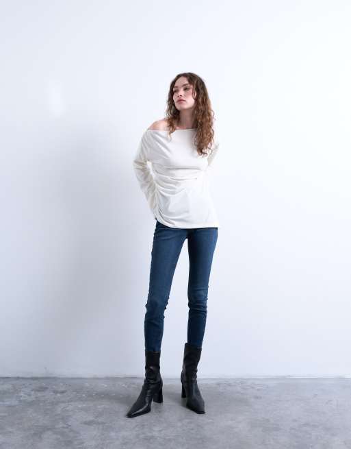 Topshop asymmetrical slash neck long sleeve top in off white