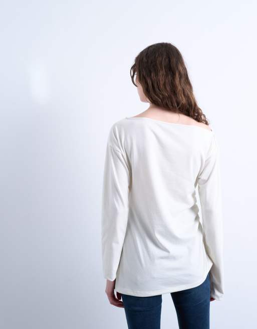 Topshop asymmetrical slash neck long sleeve top in off white