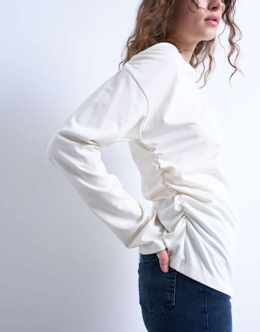 Topshop asymmetrical slash neck long sleeve top in off white