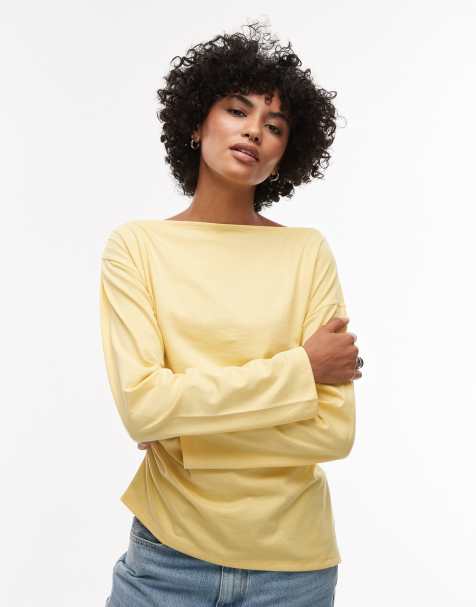 Topshop asymmetrical slash neck long sleeve top in yellow - view 1