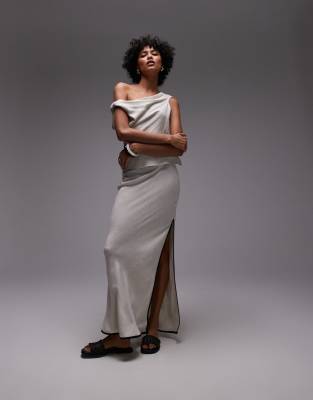 Topshop - Asymmetrisch geschnittener Maxirock aus Leinen in Natur mit Einfassung in Schwarz-Neutral