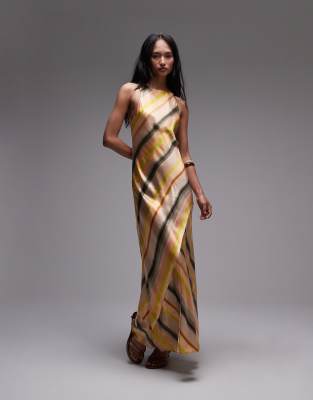 Topshop - Asymmetrisch geschnittenes Maxikleid aus Satin mit Racer-Rücken und Farbverlauf-Streifen-Bunt