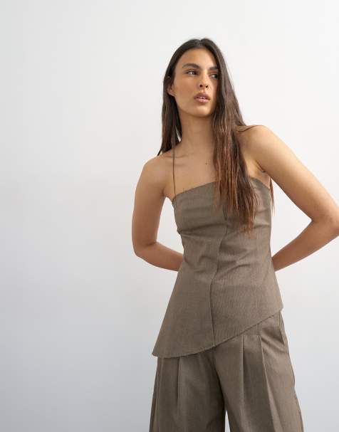 Topshop - Asymmetrische bandeautop met onafgewerkte zoom in bruin, deel van co-ord set - view 1