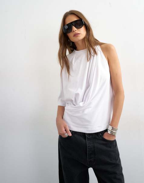 Topshop asymmetrische gedrapeerde tee in wit - view 1