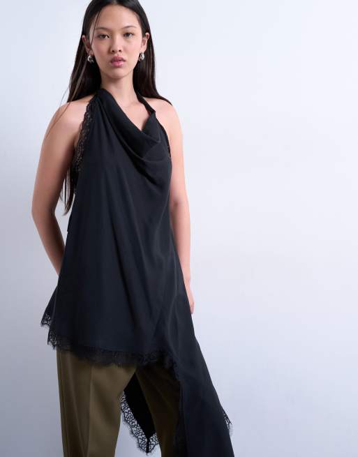 Topshop - Asymmetrische haltertop van cupro met kant in zwart, 2 van 4
