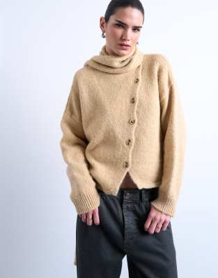 Topshop - Asymmetrische Strickjacke in Hellbeige mit Schaldetail-Brown
