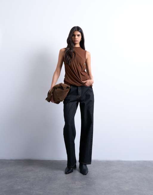 Topshop - Asymmetrische top met gedrapeerd detail in chocoladebruin, 3 van 4