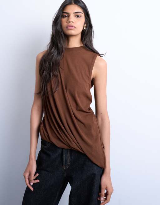 Topshop - Asymmetrische top met gedrapeerd detail in chocoladebruin, 4 van 4