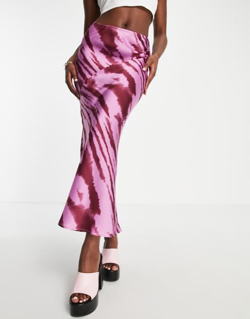 Topshop – Asymmetrischer, gemusterter Midirock in Rosa mit Ziernaht