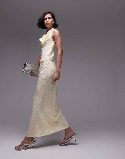 Topshop – Asymmetrischer Maxirock aus Jacquard in Zitronengelb mit mittelhohem Bund, Kombiteil
