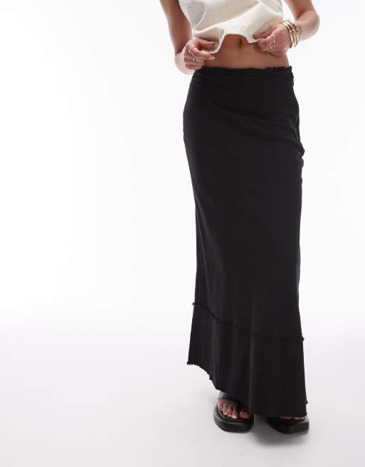 Topshop – Asymmetrischer Maxirock aus Leinen in Schwarz mit offenkantigem Saum