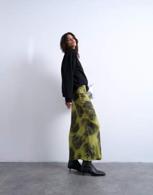 Topshop - Asymmetrischer Maxirock in Grün mit verschwommenem Blumenprint
