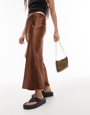 Topshop - Asymmetrischer Midirock in Schokobraun mit Schlitz und Bindedetail-Brown