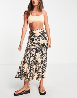 Topshop - Asymmetrischer Midirock mit mehrfarbigem Cowboy-Blumenprint und Ziernaht-Bunt