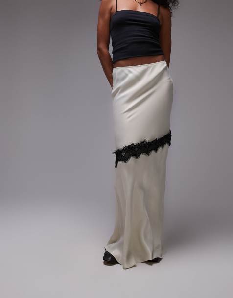 Topshop – Asymmetrischer Satin-Maxirock in Champagner mit diagonalem Spitzeneinsatz - view 1