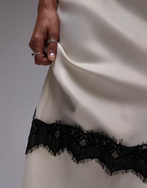 Topshop – Asymmetrischer Satin-Maxirock in Champagner mit diagonalem Spitzeneinsatz, 5 von 5