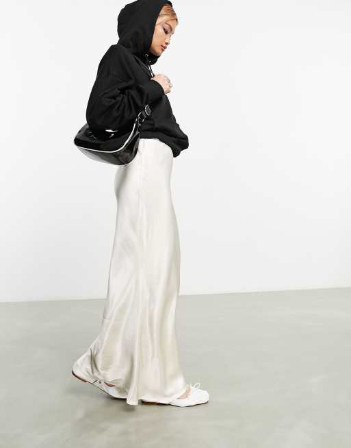 Topshop – Asymmetrischer Satin-Maxirock in Wollweiß
