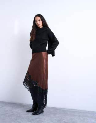 Asymmetrischer Satin-Midaxirock in Braun mit schwarzem Spitzensaum-Brown Brown 38