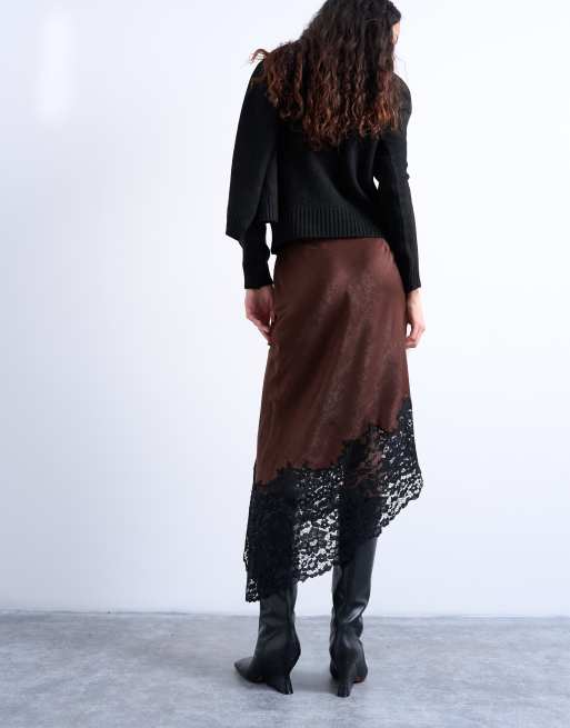 Topshop – Asymmetrischer Satin-Midaxirock in Braun mit schwarzem Spitzensaum , 3 von 5
