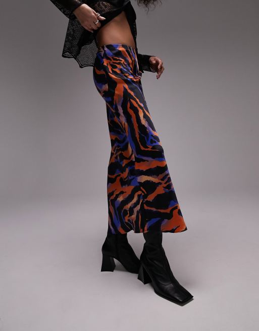 Topshop – Asymmetrischer Satin-Midirock mit Animalprint in neutralen Farben