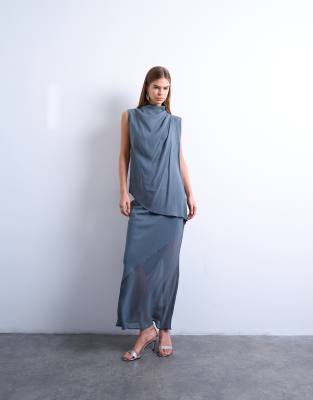 Topshop - Asymmetrischer Satinrock in Blau aus Mischgewebe