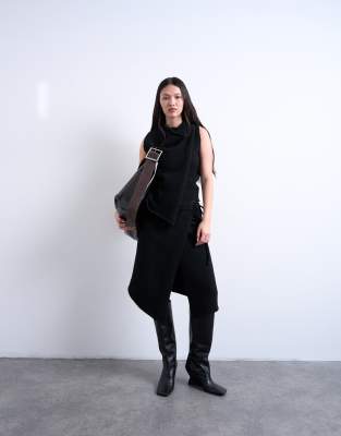 Topshop - Asymmetrischer Strickrock in Schwarz mit Wickeldesign, Kombiteil
