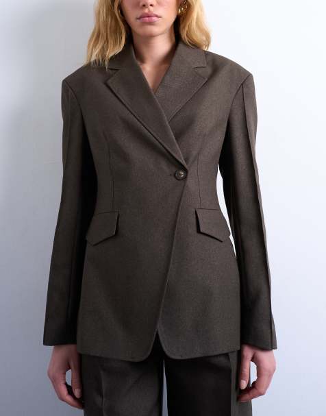 Topshop – Asymmetrischer Wickelblazer in Braun mit Ziernaht, Kombiteil - view 1