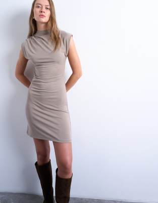 Topshop - Asymmetrisches Cupro-Minikleid in blassem Khaki-Grün