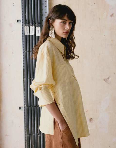 Topshop – Asymmetrisches Hemd in Gelb gestreift mit Knopfleiste - view 1