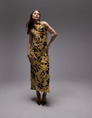 Topshop - Asymmetrisches Kleid in Buttermilchgelb mit Rückenausschnitt und Blattmuster-Bunt
