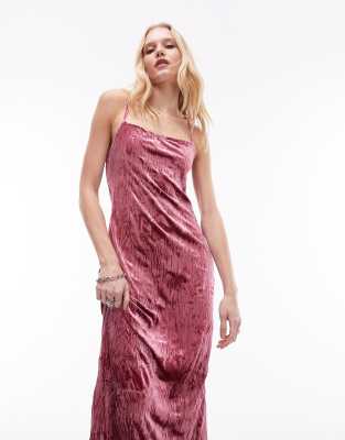 Topshop - Asymmetrisches Maxi-Trägerkleid aus Knittersamt in Rosa