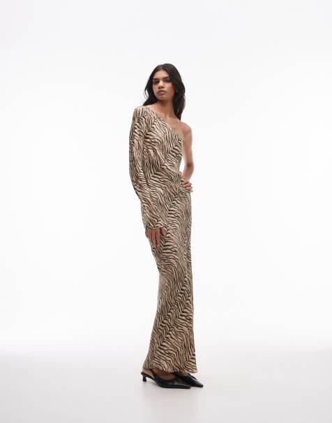 Topshop – Asymmetrisches Maxikleid mit Jacquard-Tigermuster und One-Shoulder-Träger - view 1
