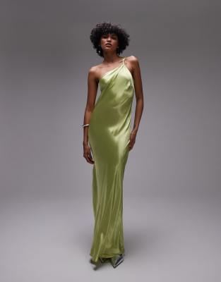 Topshop - Asymmetrisches Midikleid für besondere Anlässe aus Satin in Limettengrün mit Rückenausschnitt und One-Shoulder...