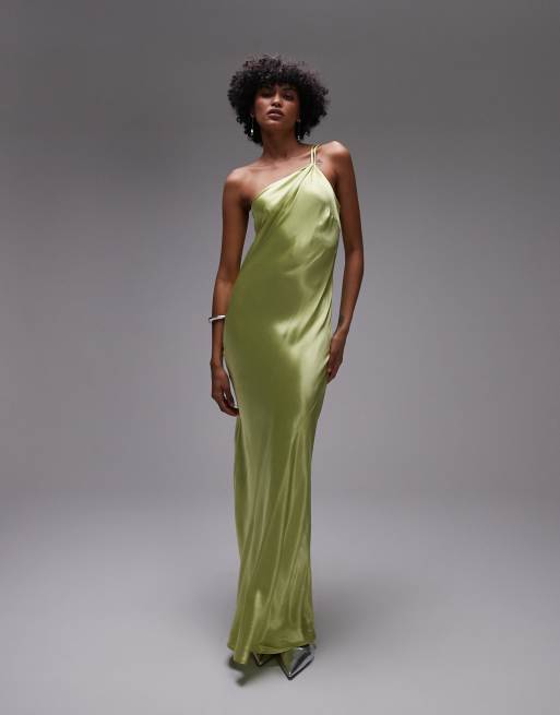 Topshop – Asymmetrisches Midikleid für besondere Anlässe aus Satin in Limettengrün mit Rückenausschnitt und One-Shoulder-Träger
