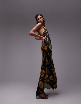 Topshop - Asymmetrisches Neckholder-Maxikleid in Schwarz mit Rosenprint in Gold