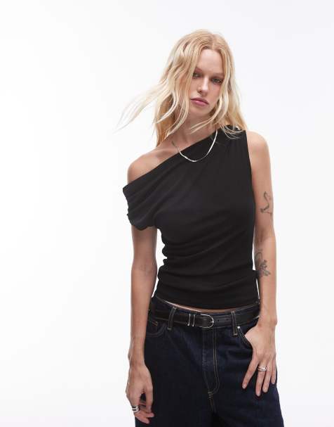 Topshop – Asymmetrisches Oberteil in Schwarz mit geknotetem Träger - view 1