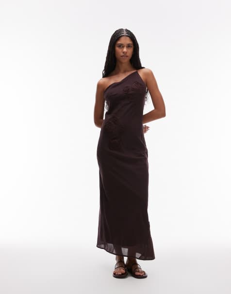 Topshop – Asymmetrisches One-Shoulder-Midikleid in Schokobraun mit 3D-Blumenapplikation - view 1
