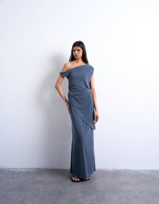 Topshop - Asymmetrisches Tunika-Oberteil aus Cupro in Anthrazitgrau mit Carmen-Ausschnitt und verdrehtem Detail-Marinebl...