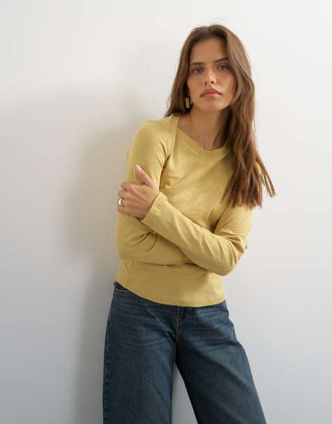 Topshop asymmetrisk langærmet T-shirt i sennepsgul - view 1
