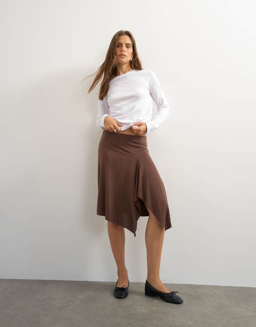 Topshop asymmetrisk midi-nederdel i cupro i chokolade, 3 af 5
