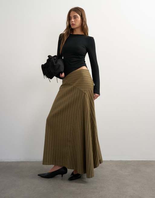 Topshop asymmetrisk randig kjol i mörk olivgrön, 2 av 5