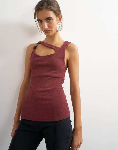 Topshop asymmetrisk tanktop med perledetaljer i mahogni - view 1