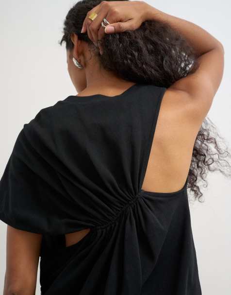 Topshop asymmetrisk tee med rynket ryg i sort - view 1