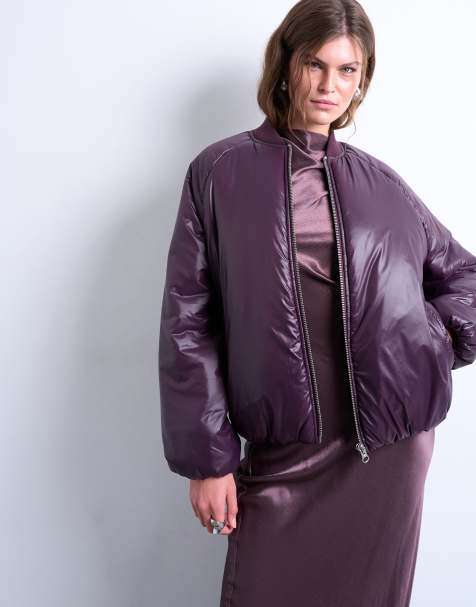 Topshop - Auberginefarvet polstret bomber-jakke med højglans - view 1