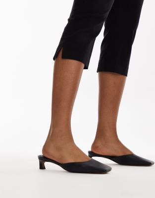 Topshop Audrey Premium Leather Mid Heeled Square Toe Mules In Black