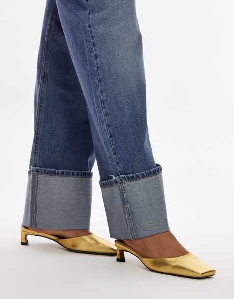 Topshop Audrey premium leather mid heeled square toe mules in gold - view 1