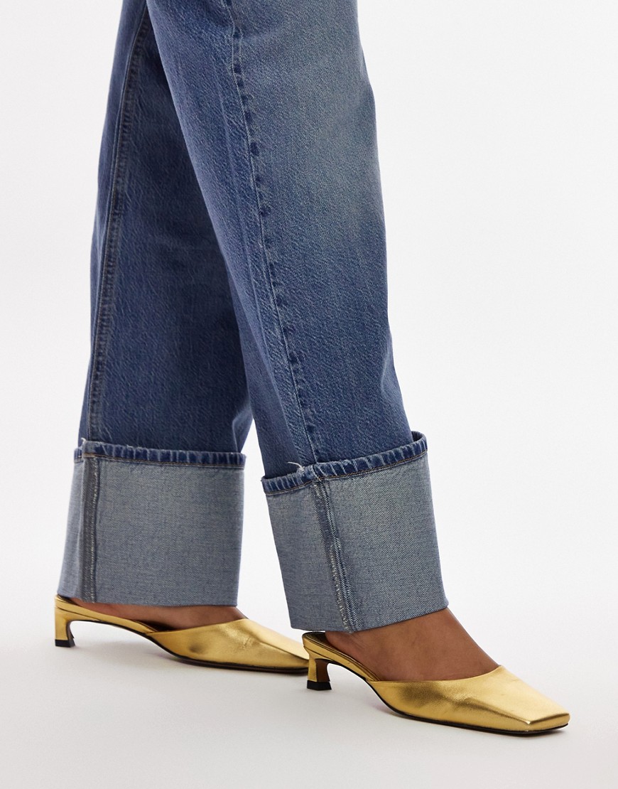 Topshop Audrey premium leather mid heeled square toe mules in gold