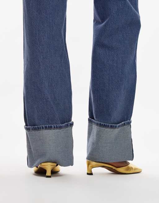 Topshop Audrey premium leather mid heeled square toe mules in gold